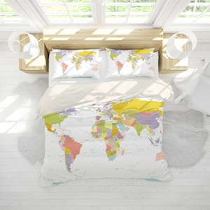 Zestaw poszewek na kołdrę 3D World Map, Kolorowa poszewka na kołdrę, Zestaw pościeli ze szczegółami, Poszewka na kołdrę, Pościel Country Queen, Tradycyjna pościel King