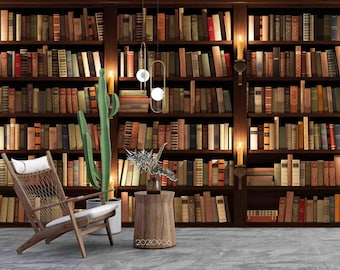 3D Bookshelf Wallpaper Mural – Modern Library Wall Art, Peel and Stick