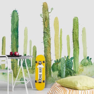 Carta da parati rimovibile verde 3D con pianta di cactus ad acquerello Carta da parati rimovibile: decorazione murale con stacca e incolla, carta da parati per sala giochi, r