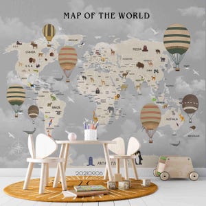 Mural de pared con mapa del mundo 3D de animales, globo aerostático, papel tapiz infantil, autoadhesivo, arte mural para sala de estar, dormitorio y oficina.
