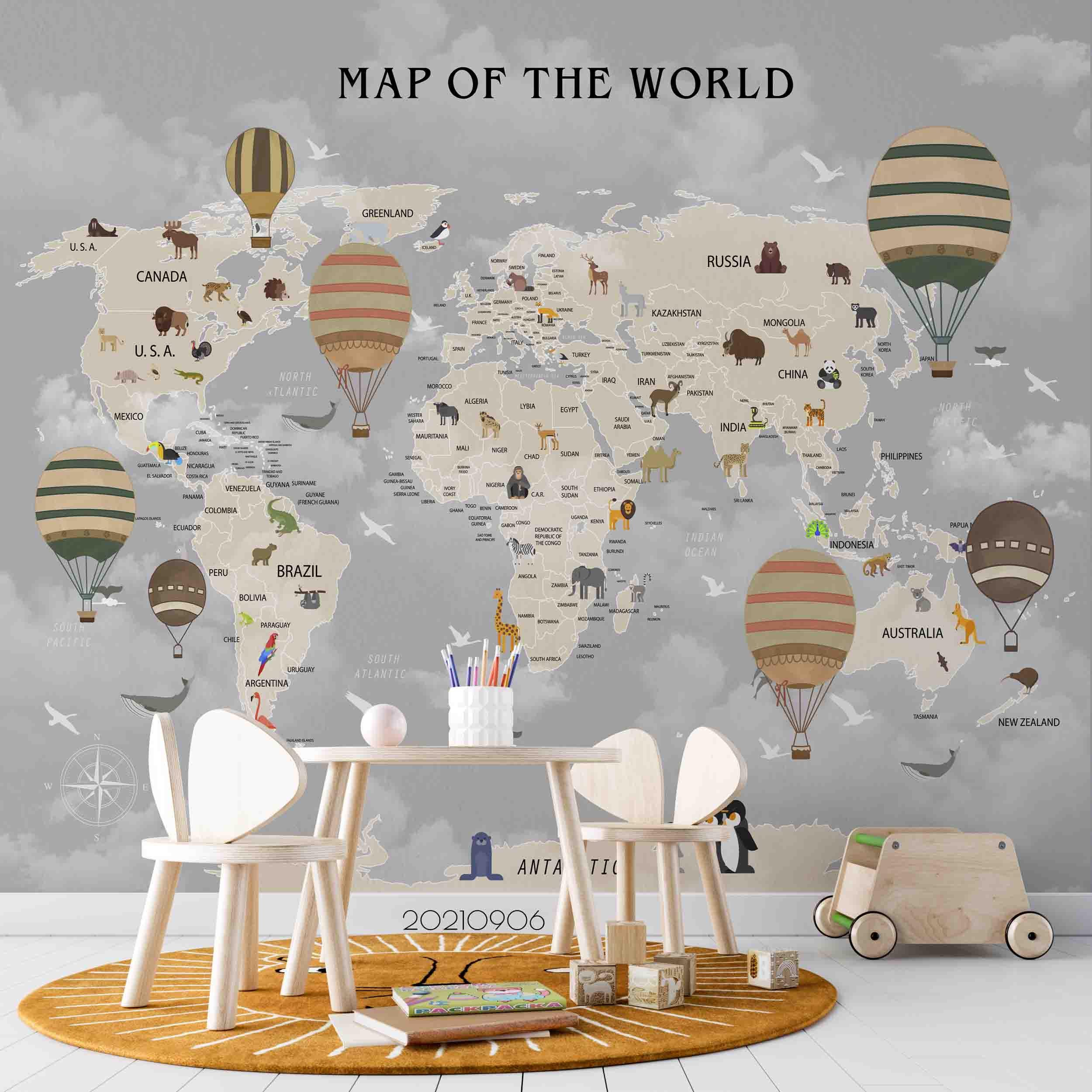 Animal World Map Wallpaper Mural – Kids Room Decor, Peel and Stick - Etsy