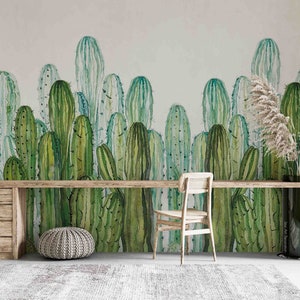 Papel pintado de cactus, mural de plantas verdes dibujado a mano, papel pintado removible autoadhesivo