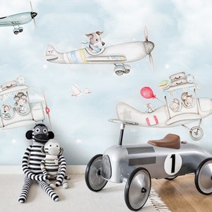 Papel pintado de avión 3D, mural de pared de animales, decoración de pared de dibujos animados, arte de pared de acuarela, pelar y pegar, papel pintado extraíble, pegatina de pared