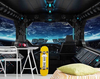 May include: A futuristic spaceship interior with a view of Earth. The scene includes a desk with headphones, a yellow skateboard with "ONE WAY" text, and a white chair. The date "20201127" is printed on the chair.