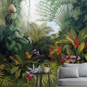 3D Tropical Rainforest Wallpaper, Lush Vegetation Wall Mural, Palm Leaves Wall Decor, Floral Wall Art, Peel and Stick, Removable Wallpaper