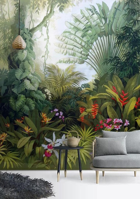  Papel tapiz autoadhesivo de PVC azul tropical, hojas de palma,  hojas de selva y flores exóticas, papel tapiz de despegar y pegar, mural de  pared, calcomanía de pared, póster de pared