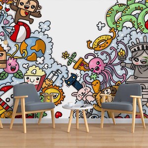3D Graffiti Wallpaper, Cartoon People Wall Mural, Animal Wall Decor, Planet Wall Art, Peel and Stick, verwisselbaar behang, muursticker