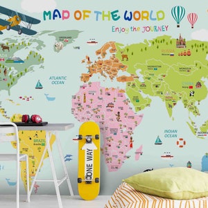 3D Cartoon World Map Airplane Hot Air Balloon Wallpaper Removable Wallpaper-Peel and stick Wall Mural,Playroom Wallpaper Wall deco,r