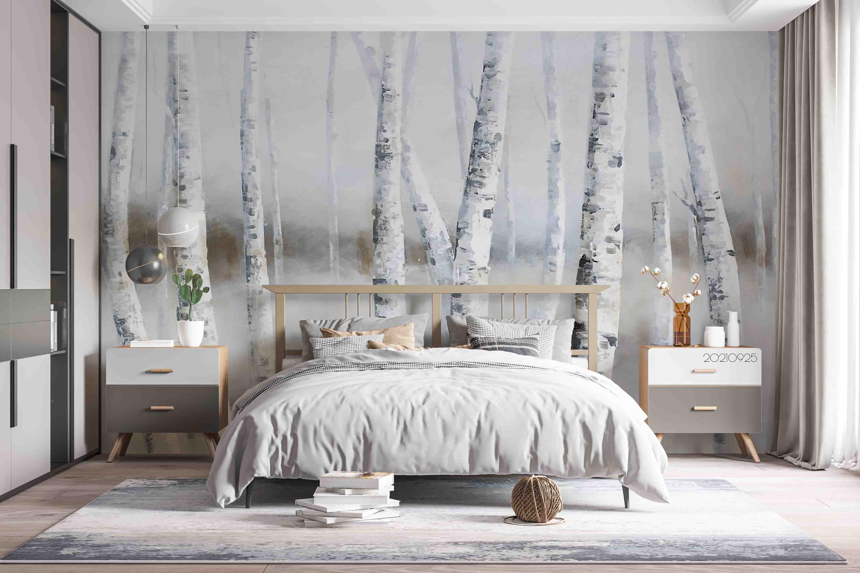 Birch Forest Wall Mural – Hand Drawn Landscape, Peel and Stick ...