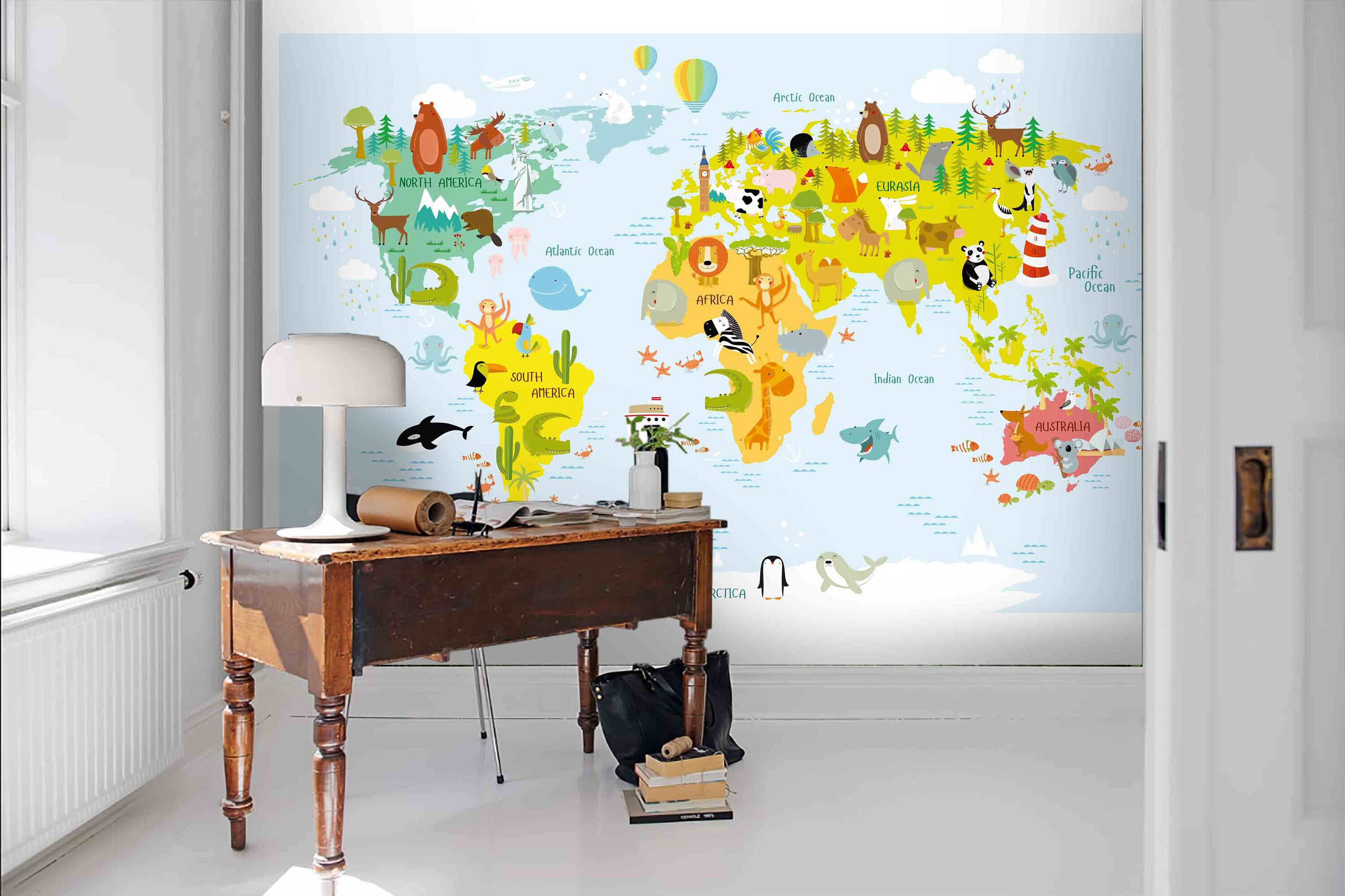 Cartoon Animal World Map Wallpaper, Peel and Stick Kids Mural - Etsy