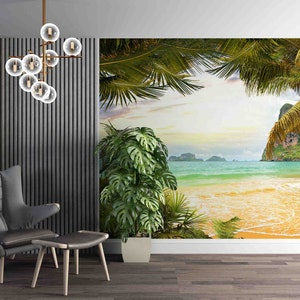 Carta da parati 3D Ocean Beach Palm Island - Carta da parati per la scuola materna Carta da parati rimovibile - Carta da parati staccabile e incollabile, Carta da parati per sala giochi Decorazione murale 417