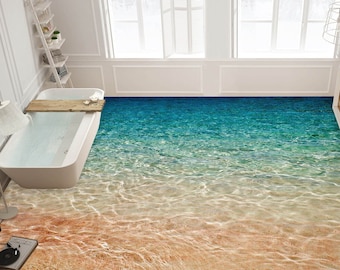 3D Green Sea Beach Vinyl Floor Mural, Self-Adhesive