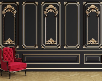 3D Gold Molding Wallpaper, Interior Wall With Cornice Wall Mural, European Wall Decor, Classic Wall Art, Peel and Stick, Removable Wallpaper