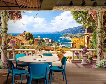3D Ocean Scenery Wallpaper, Tropical Wall Mural, Town Wall Decor, Courtyard Wall Art, Peel and Stick, Removable Wallpaper, Wall Sticker