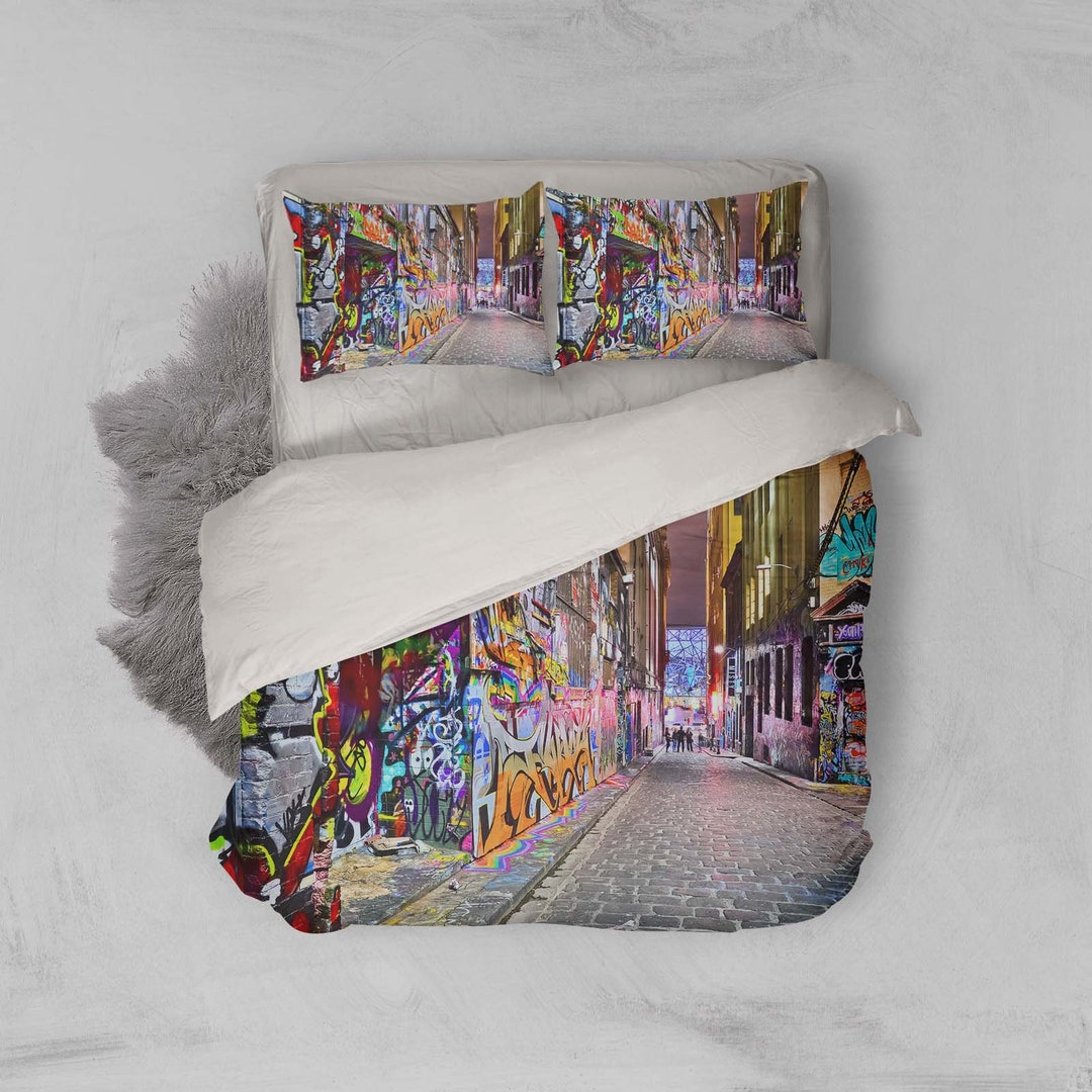 3D Graffiti Duvet Covers Set, Street Quilt Cover, Night View Bedding