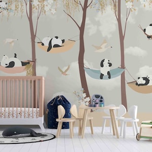Papel pintado 3D de dibujos animados de animales, Panda, árbol, hamaca, papel tapiz extraíble, Mural de pared para pelar y pegar, papel tapiz para sala de juegos, decoración de pared, r