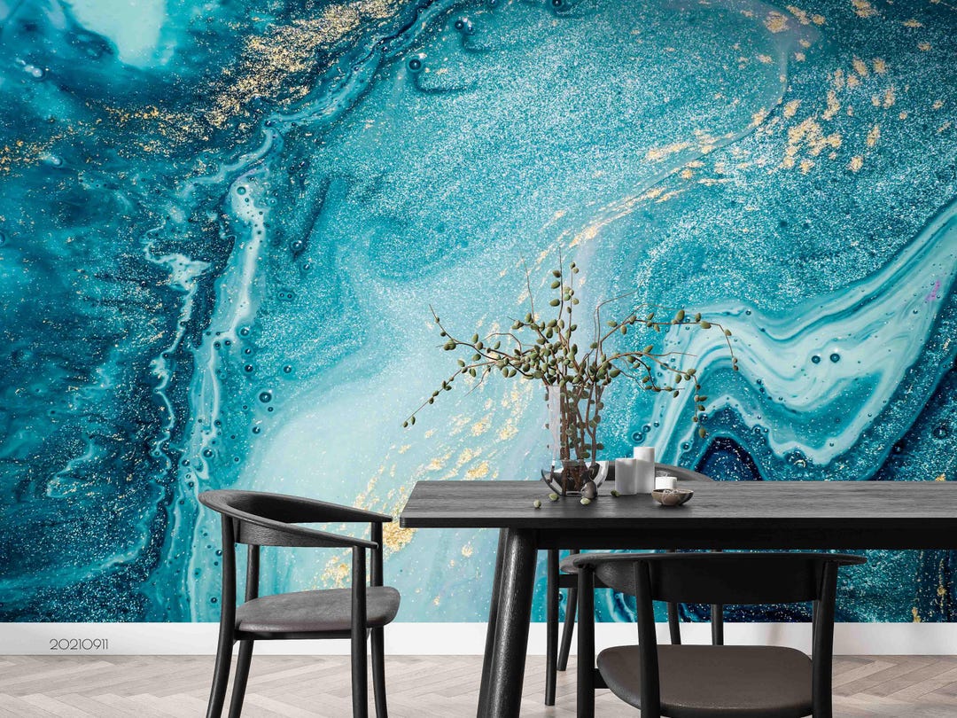 Blue Gold Marble Wallpaper Mural – 3D Abstract Texture, Peel and Stick ...