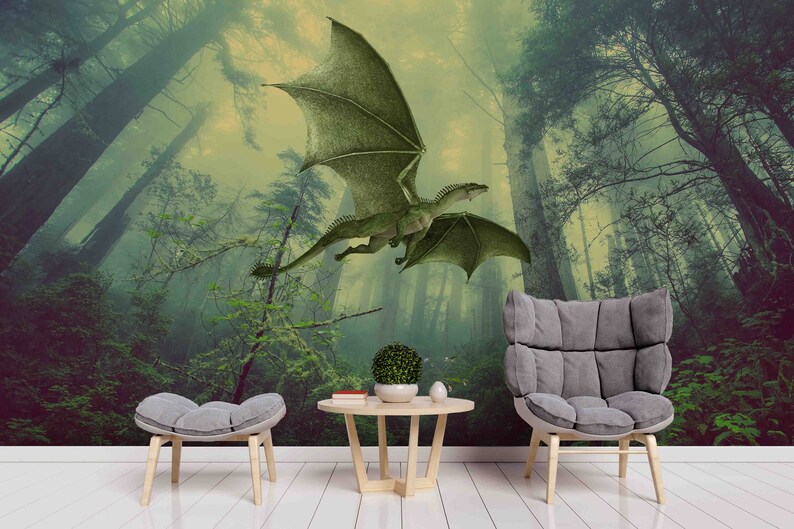 Pterodactyl Forest Wallpaper, Peel and Stick Wall Mural, Playroom Wall ...