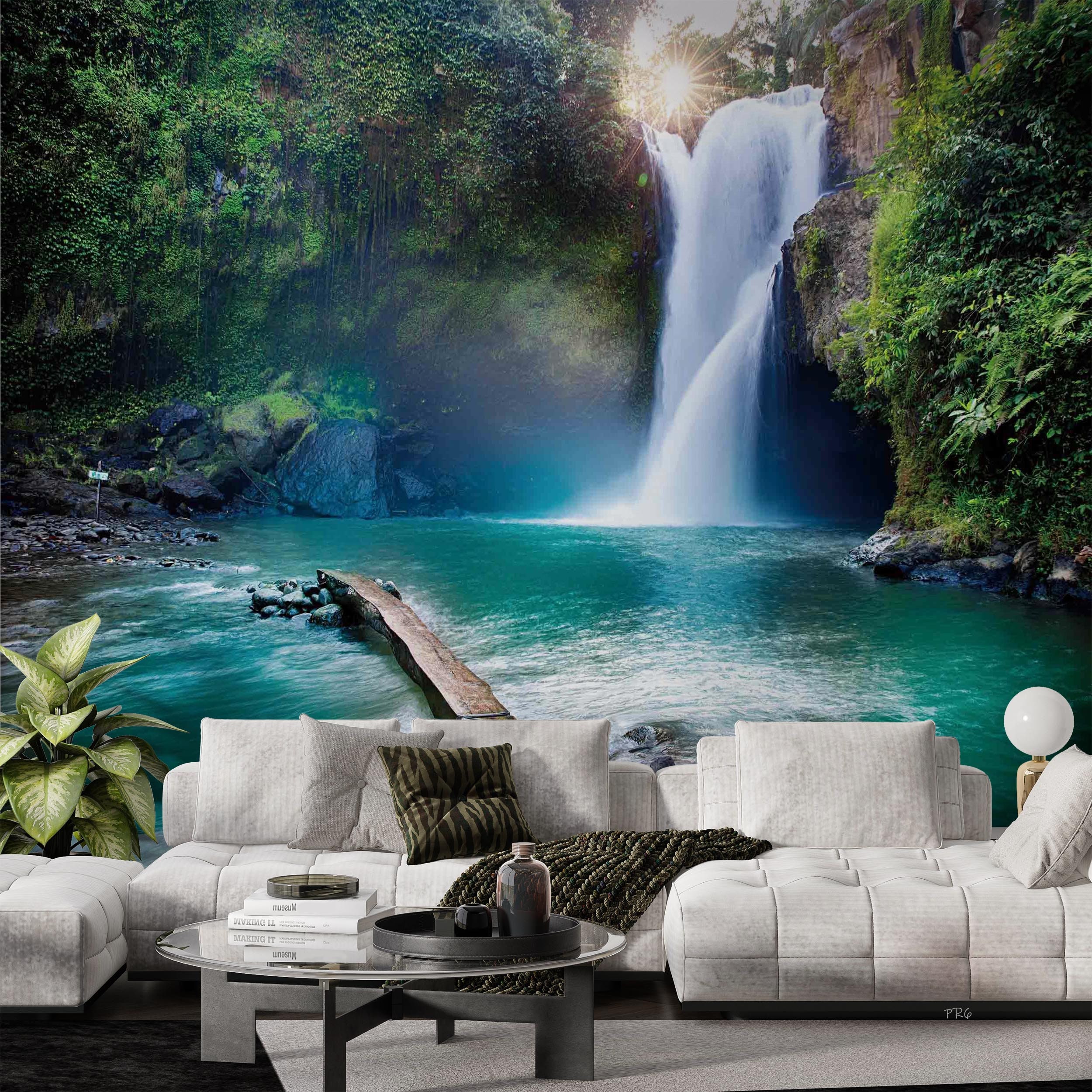 Green Forest Waterfall Wallpaper Mural, Peel and Stick Removable Wall ...