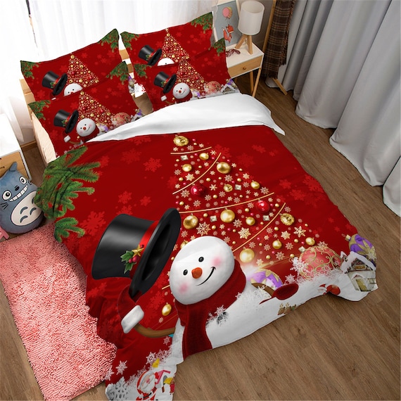 Juego de cama de hombre de nieve navideño en 3D, funda de edredón