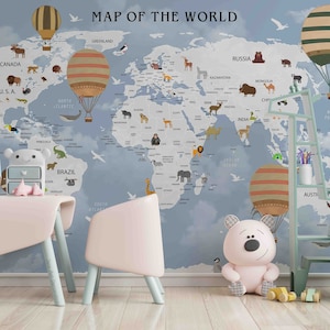 3D Weltkarte Tapete, Tier Wandbild, Heißluftballon Wand-Dekor, Kinder Wandkunst, Schälen und Stick, Abnehmbare Tapete, Wandaufkleber