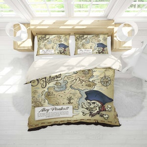 Juego de fundas de edredón con mapa del tesoro en 3D, funda de edredón pirata, juego de ropa de cama de isla, funda Skull Doona, ropa de cama tamaño queen beige, ropa de cama Old King