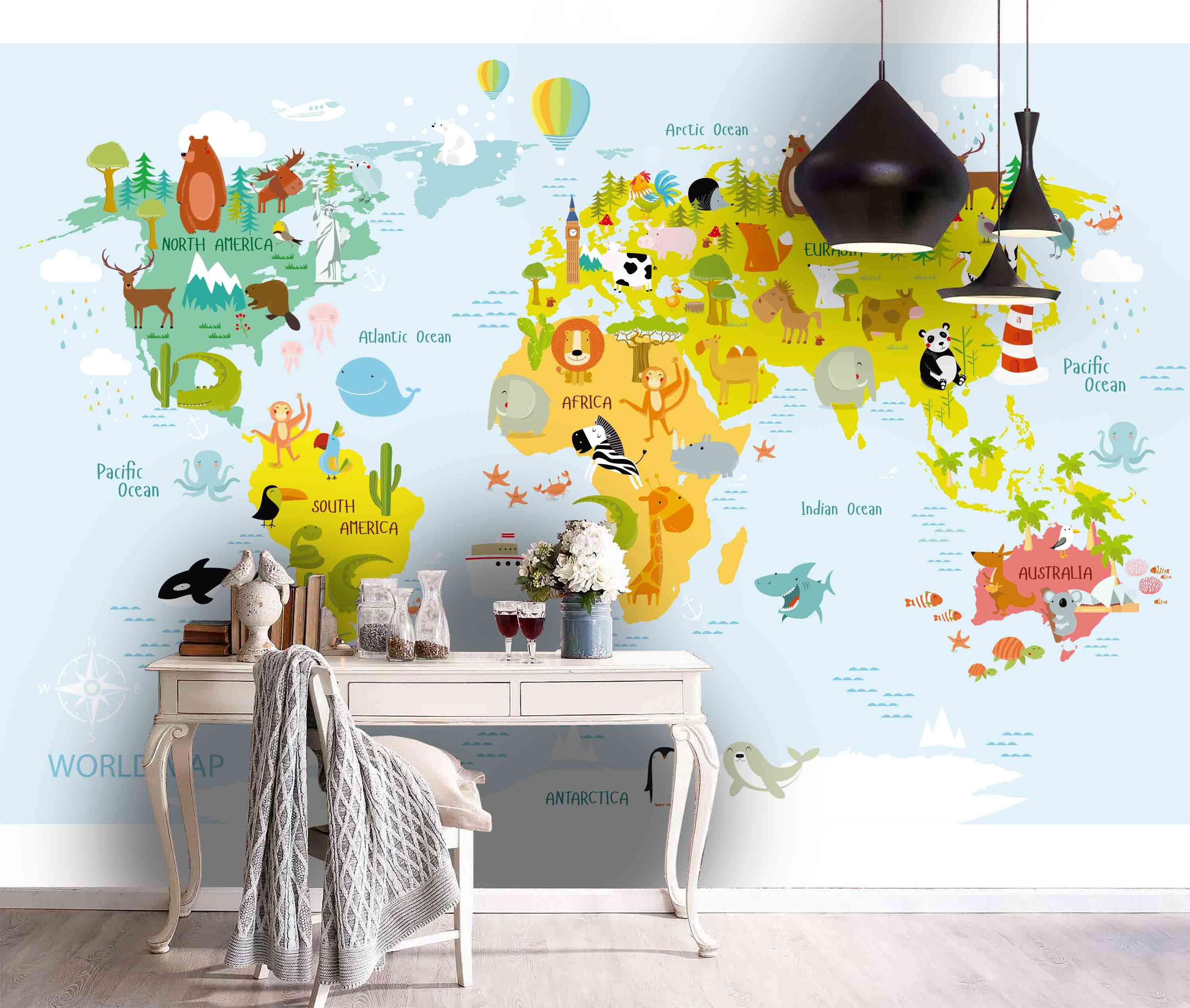 Cartoon Animal World Map Wallpaper, Peel and Stick Kids Mural - Etsy