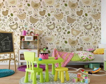 Chicken Floral Wallpaper Mural, Hand Drawn Cartoon Wall Decor (Peel and Stick)