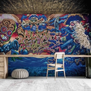 3D Graffiti Wallpaper, Pirate Wall Mural, Cartoon Wall Decor, Street Art Wall Art, Peel and Stick, verwisselbaar behang, muursticker
