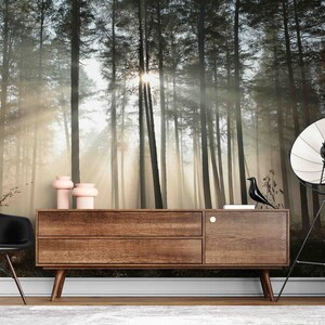 Op de afbeelding: Een houten dressoir met drie lades staat voor een muurschildering die een mistig bos voorstelt met zonnestralen die door de bomen schijnen.