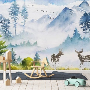 3D Berge Wald Tapete Wandbild, Reh-Wand-Dekor (Abziehen und aufkleben)