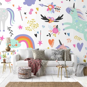 Tapeta 3D Cartoon Animal Unicorn Rainbow Arrow Floral Star Zdejmowana tapeta-zdejmowana i przyklejana na ścianę, tapeta do pokoju zabaw, dekoracja ścienna, r