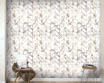 Gold Line Geometric Marble Wallpaper, Peel and Stick Mural