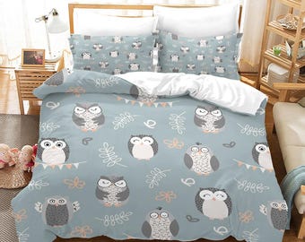 Cartoon Eule Mikrofaser Bettwäsche Set, Floral Bettwäsche