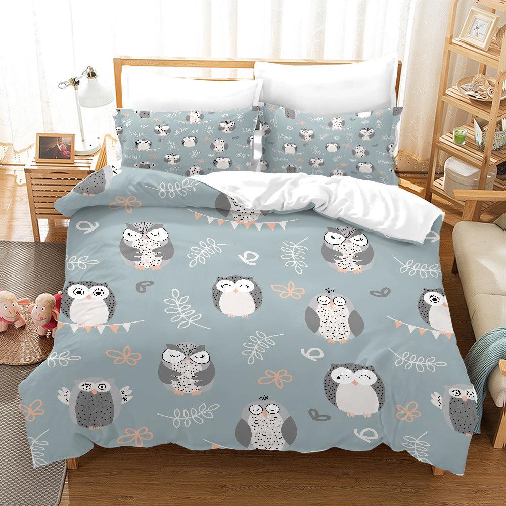 Cartoon Owl Microfiber Duvet Cover Set, Floral Bedding