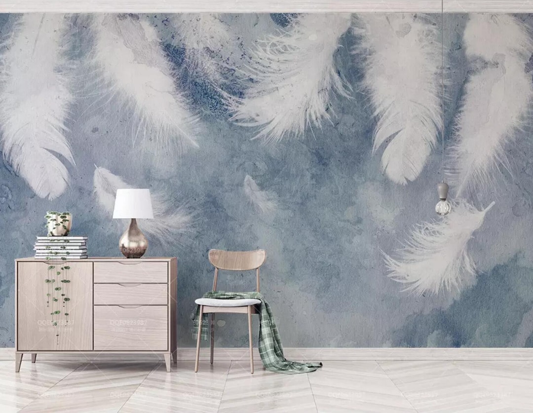 3D Feather Wallpaper White Wall Mural Blue Wall Decor Bird - Etsy Australia