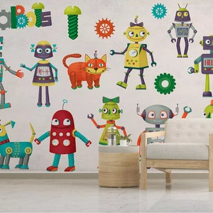 3D Robot Wallpaper, kleurrijke muur muurschildering, Cartoon Wall Decor, Kids Wall Art, Peel and Stick, verwisselbaar behang, muursticker