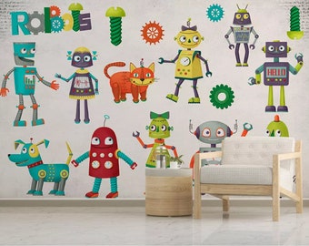 Mural de papel pintado con robot 3D, decoración de pared infantil de dibujos animados (autoadhesivo)