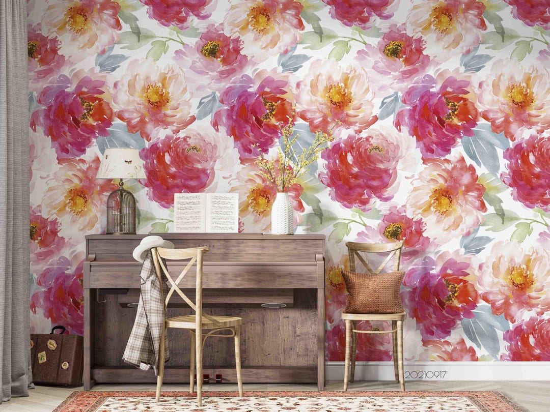 Red Floral Watercolor Wallpaper Mural - Peel and Stick Wall Art - Etsy