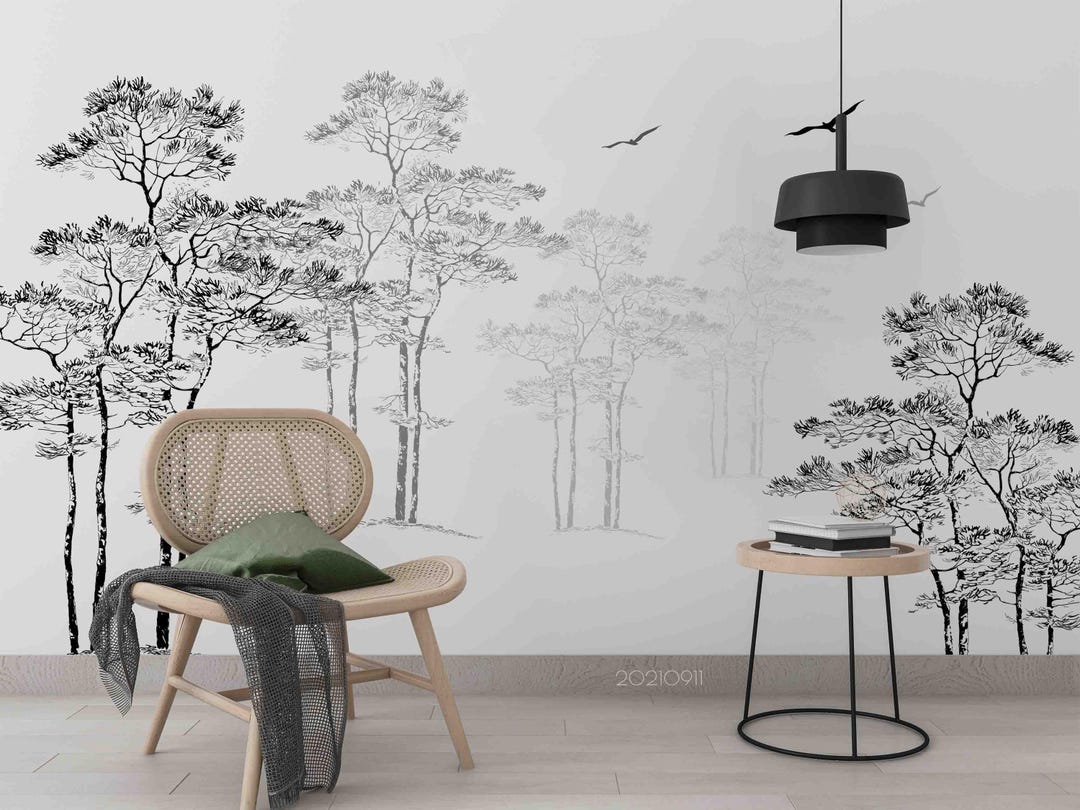 Tree Wall Mural: Black & White Landscape, Peel and Stick Wallpaper - Etsy