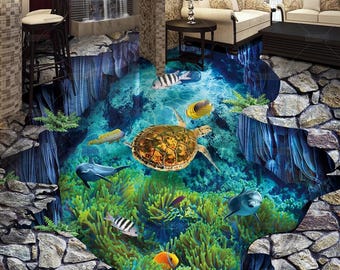 3D屋外用ストリート水中世界ビニール床壁画、自己粘着アート