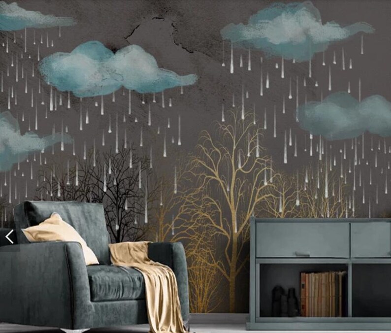 Forest Wall Mural,Vintage art,Peel and Stick Hand-painted Removable Self Adhesive Wallpaper Nostalgic 3D Vintage Rain scene Wallpaper
