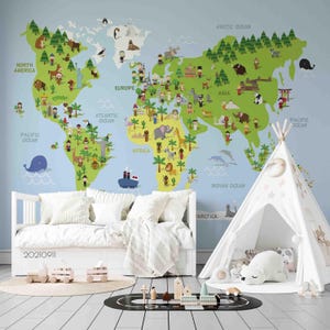 Map Wall Mural – 3D Animal Plant Catoon World Map Kids Wallpaper, Peel and Stick Wallpaper, Wall Art for Living Room, Bedroom, Office