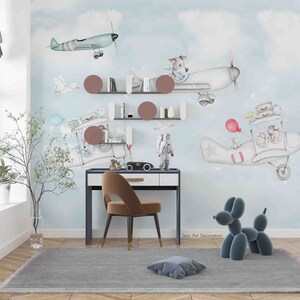 3D dibujado a mano dibujos animados avión perro pájaro globo papel pintado extraíble papel pintado-peel y palo mural de pared, sala de juegos papel pintado pared deco,r