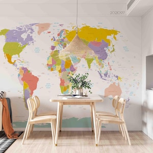 Kaartmuurschildering – 3D eenvoudig kleurrijk wereldkaartbehang, Peel and Stick-behang, kunst aan de muur voor woonkamer, slaapkamer en kantoor