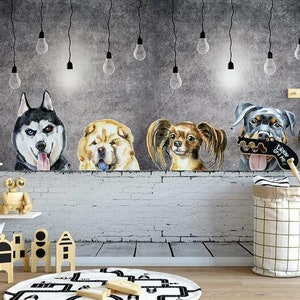 Tapeta 3D Dogs, Cartoon Wall Mural, Ceglana dekoracja ścienna, Sztuka ścienna dla dzieci, Peel and Stick, Tapeta usuwalna, Naklejka ścienna