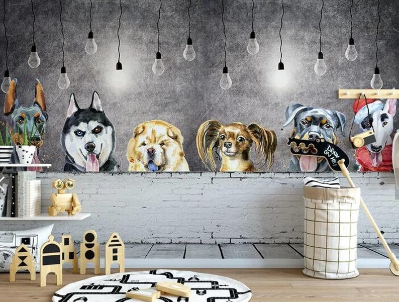 Dogs Wallpaper-Nursery Wallpaper Removable Wallpaper-Peel and stick Wall Mural,Playroom Wallpaper Wall decor 3D Kids Cartoon
