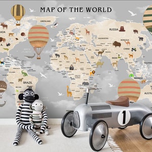 3D World Map Wallpaper, Animal Wall Mural, Hot Air Balloon Wall Decor, Cartoon Wall Art, Peel and Stick, Removable Wallpaper, Wall Sticker