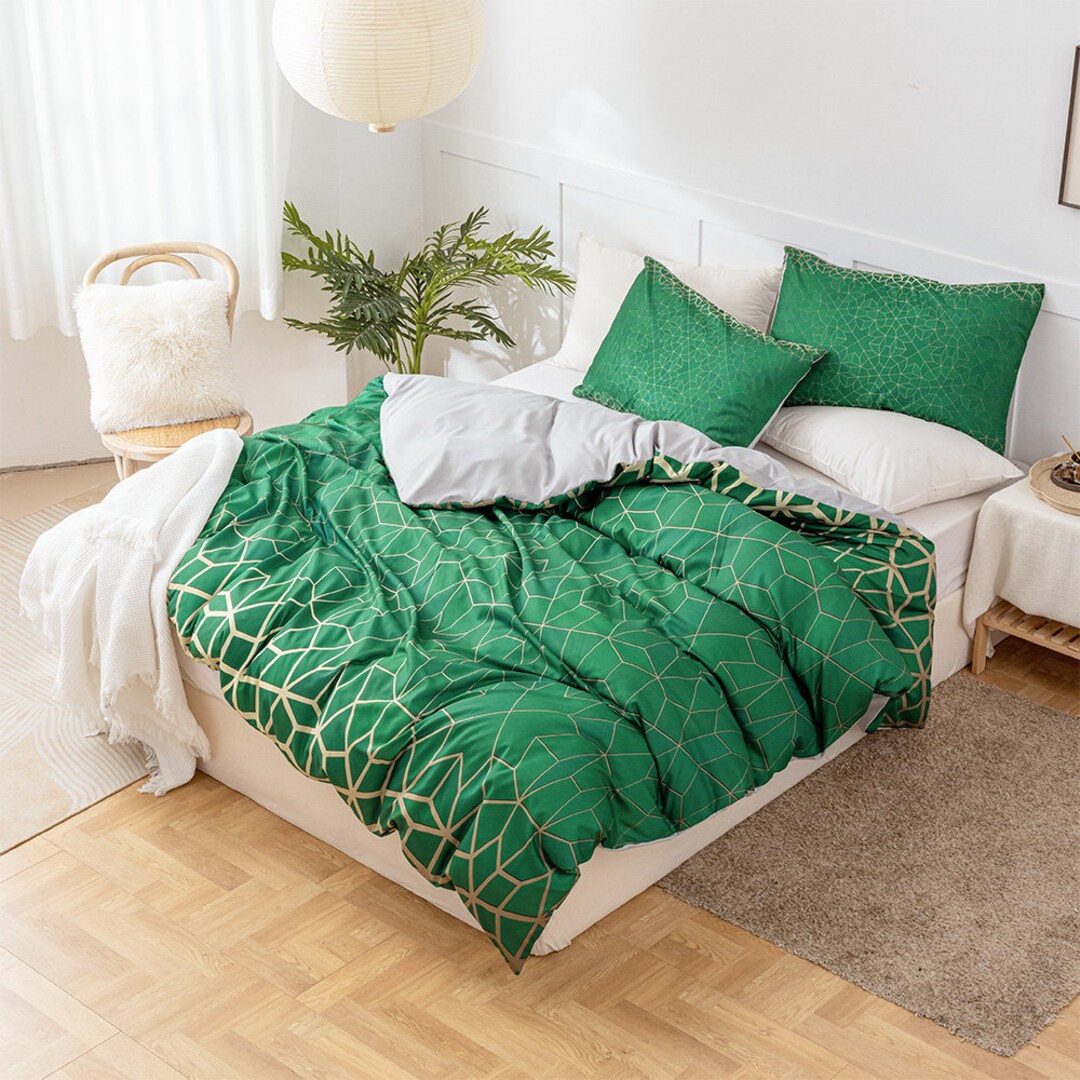 3D Geometric Duvet Covers Set, Pattern Quilt Cover, Green Bedding Set