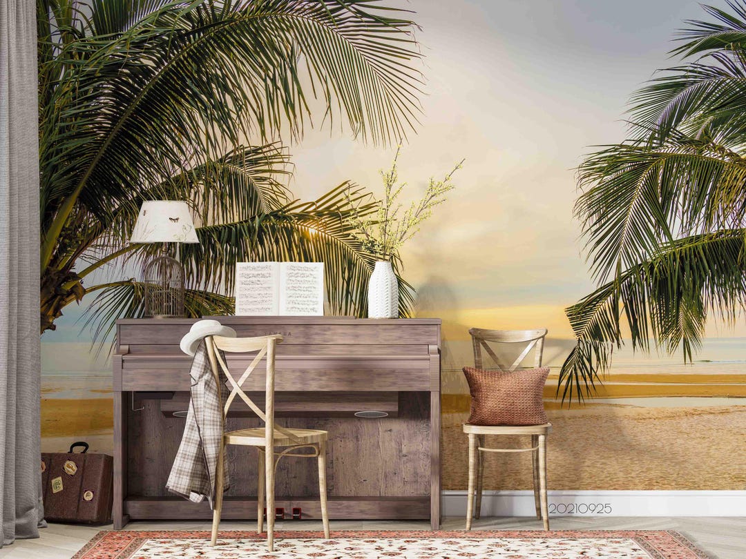 Tropical Beach Wall Mural – 3D Palm Tree Sunset Sky Landscape Wallpaper ...